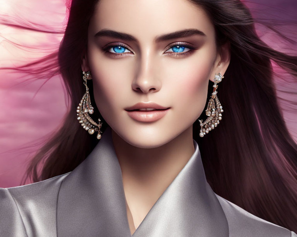 Woman with Striking Blue Eyes in Elegant Attire on Gradient Background