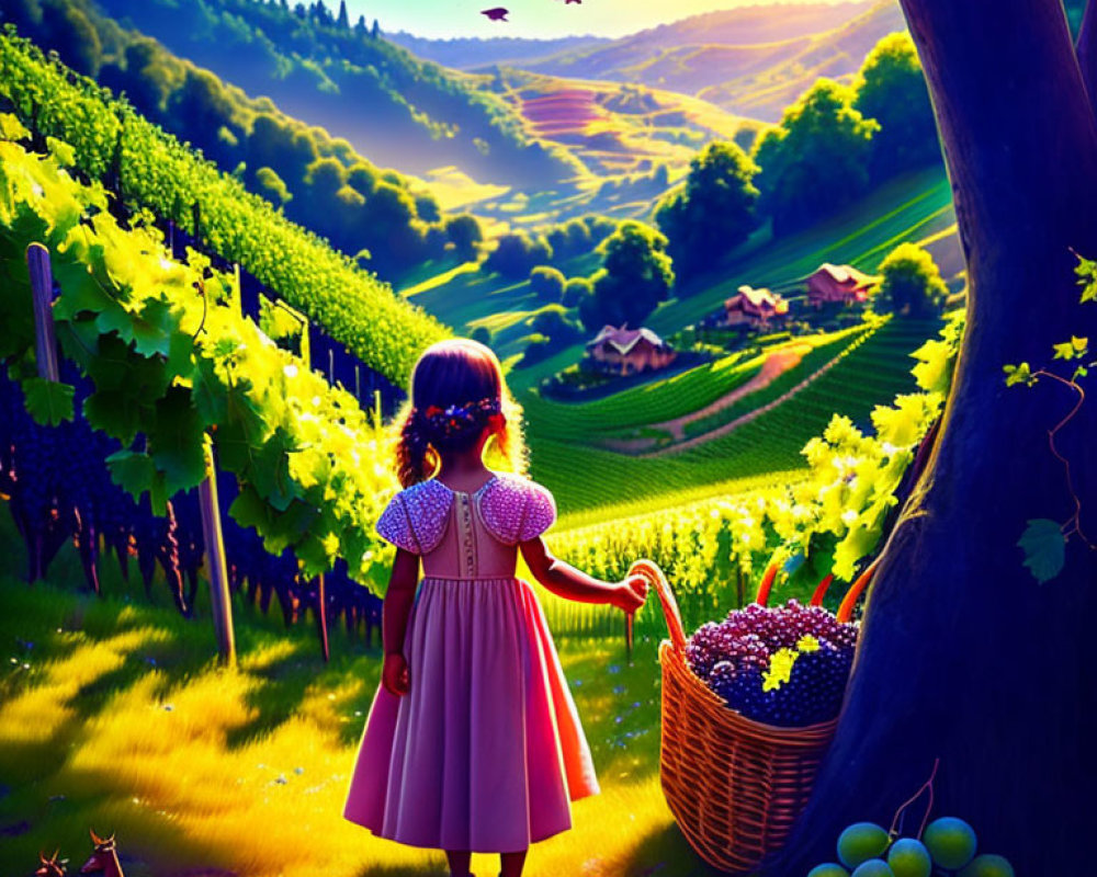 Young girl in pink dress with basket of grapes in lush vineyard with rolling hills and bright sunlight.