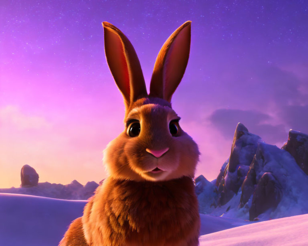 Anthropomorphic brown rabbit in snowy mountain twilight.