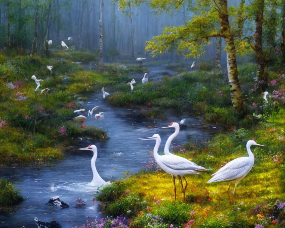 Tranquil forest landscape with winding stream and elegant white birds amid vibrant wildflowers