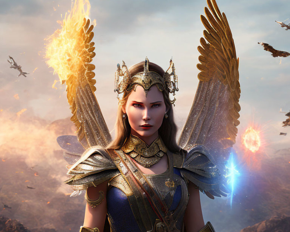 Female warrior with angelic wings and flaming sword in dramatic battlefield.