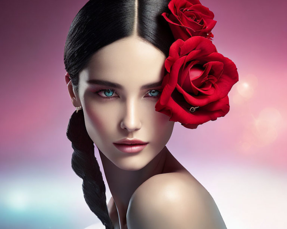 Woman with Black Hair in Side Braid, Red Roses, Blue Eyes, Pink Background