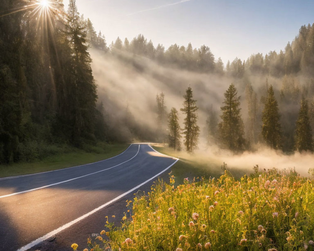 Tranquil Forest Road with Sunlight, Mist, and Wildflowers