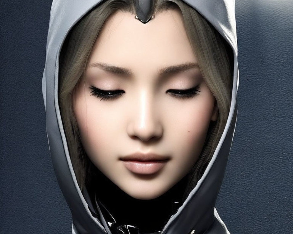 Pale-skinned woman in futuristic hood and armor with closed eyes - serene sci-fi aesthetic