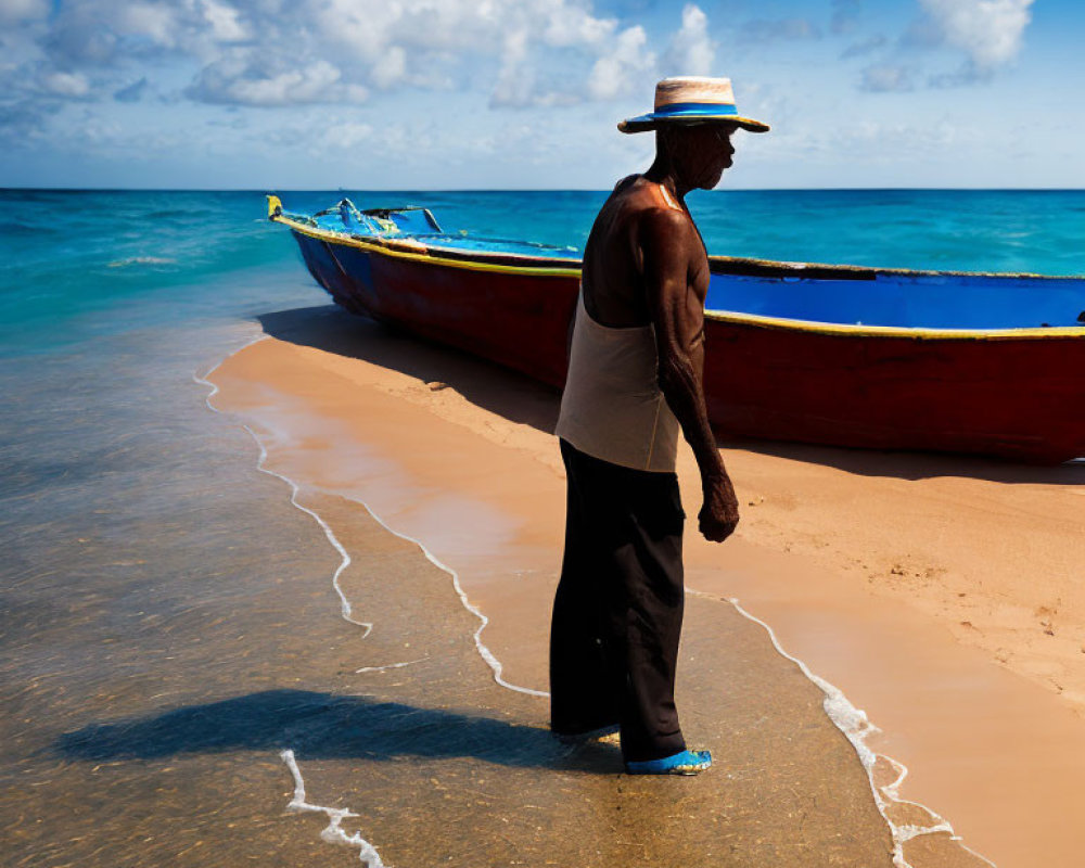 Person in hat and sleeveless top next to red boat on sunny beach with turquoise waters.