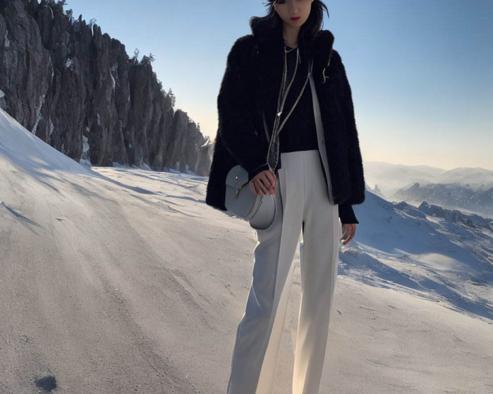 Woman in stylish winter attire against snow-covered mountain peaks