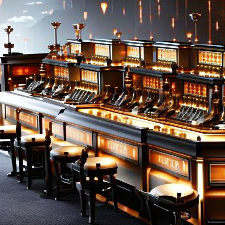 Elegant Bar with High Stools, Amber Lighting, Dark Wood Finishes