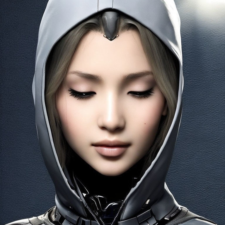 Pale-skinned woman in futuristic hood and armor with closed eyes - serene sci-fi aesthetic