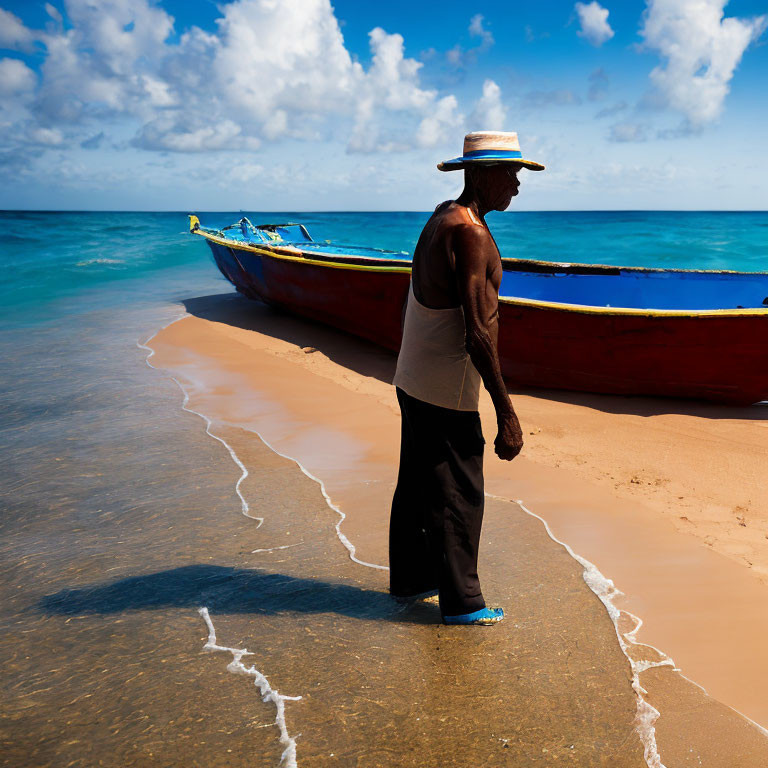 Person in hat and sleeveless top next to red boat on sunny beach with turquoise waters.