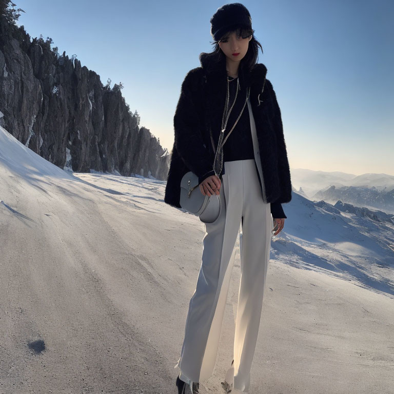 Woman in stylish winter attire against snow-covered mountain peaks