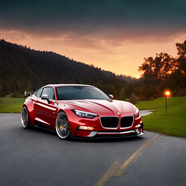 Red Sports Car Parked on Asphalt Road at Sunset with Green Fields and Hills in Background