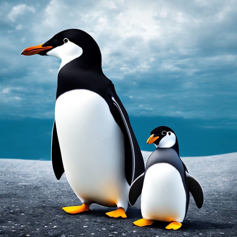 Cartoon penguins on frosty ground under dramatic sky