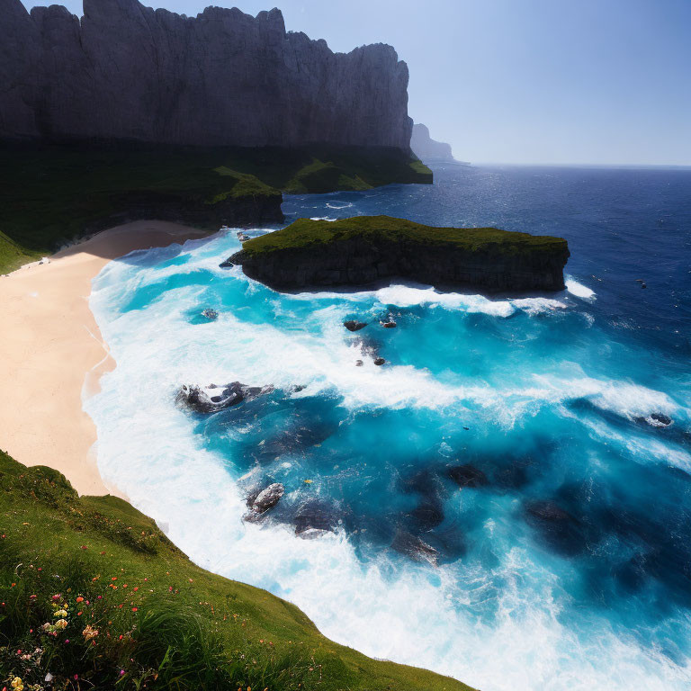 Scenic Coastal Landscape with Cliff, Beach, and Turquoise Waves