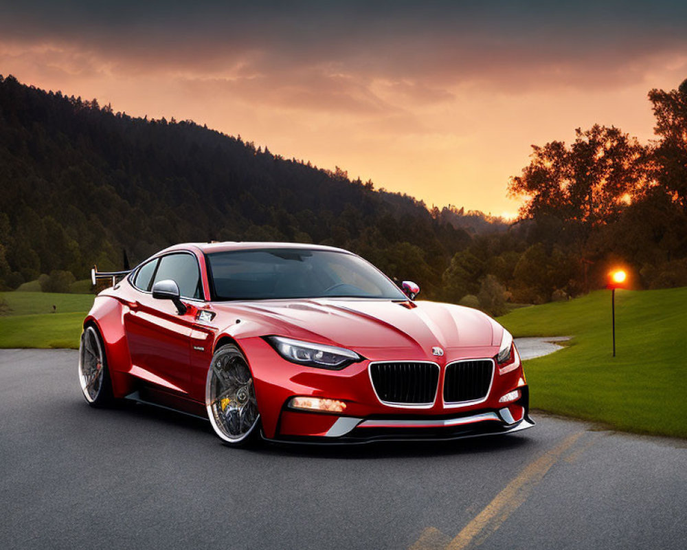 Red Sports Car Parked on Asphalt Road at Sunset with Green Fields and Hills in Background