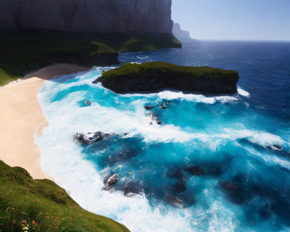 Scenic Coastal Landscape with Cliff, Beach, and Turquoise Waves