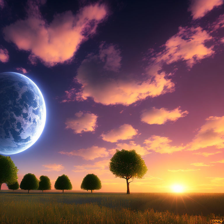 Surreal sunset landscape with large moon and trees in purple-orange sky