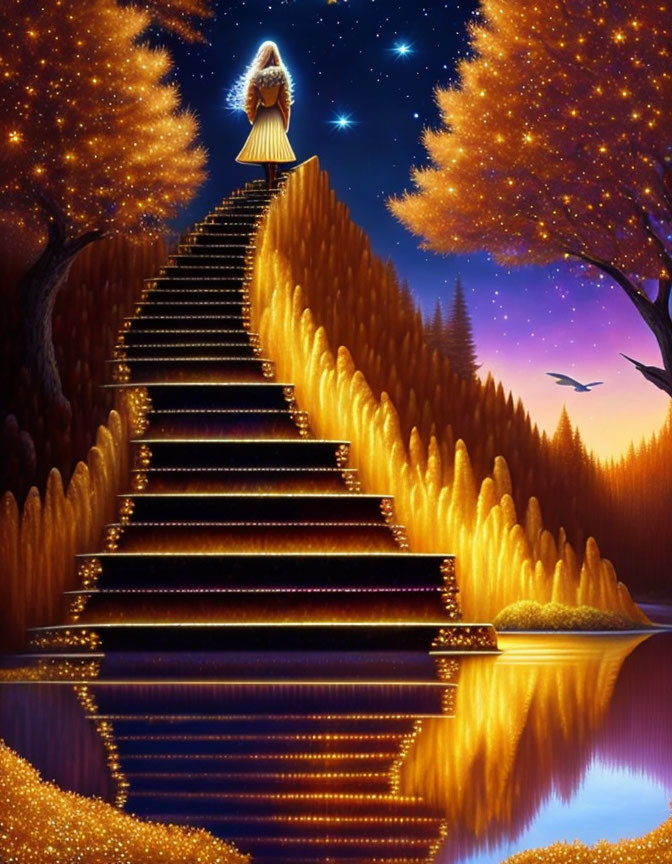 Mystical illustration of figure on golden staircase with starry sky and water reflection