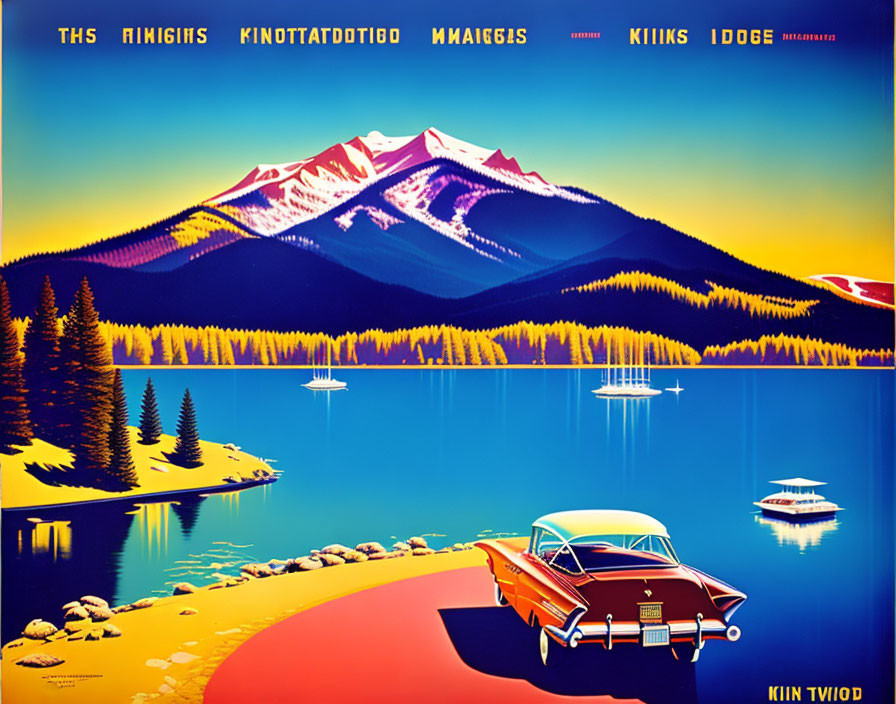 Vintage-style Travel Poster: Red Classic Car at Mountain Lake