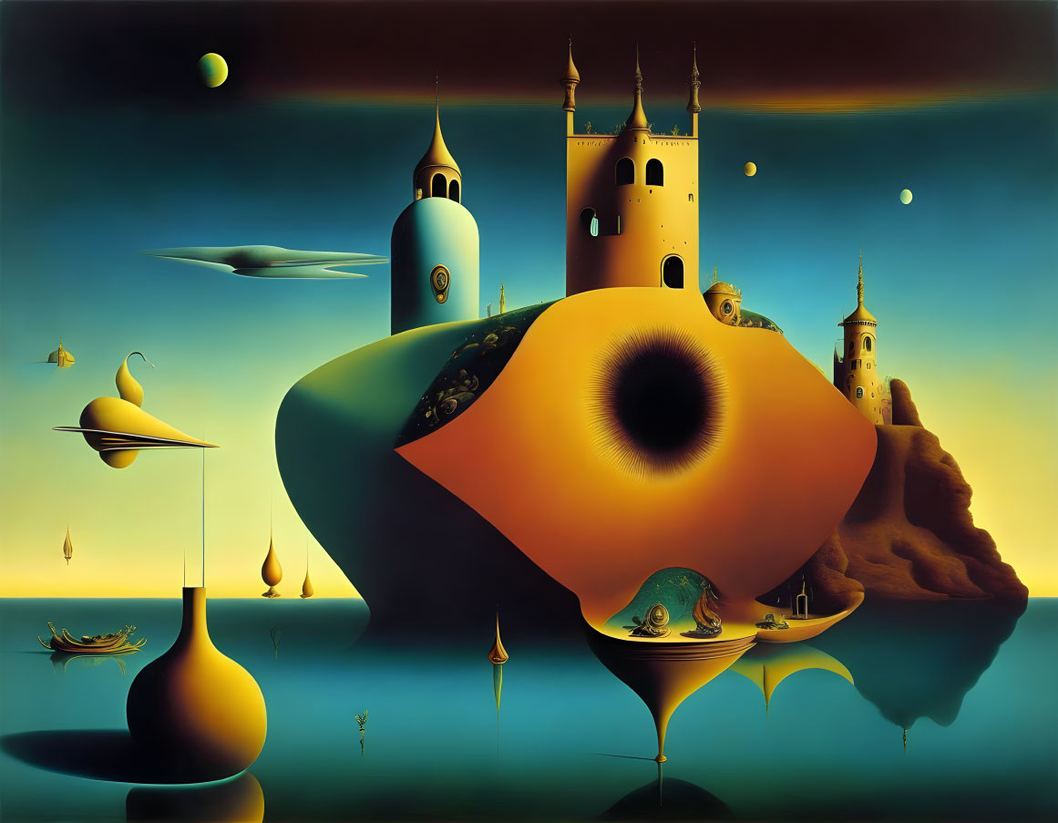 Surreal landscape featuring golden castle on eye-shaped hill, floating ships, and twilight sky with planets