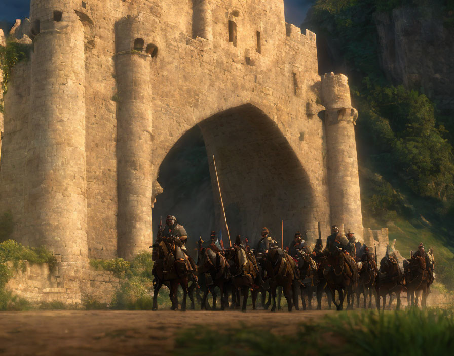 Armored knights on horseback exiting stone castle gate amidst lush greenery.