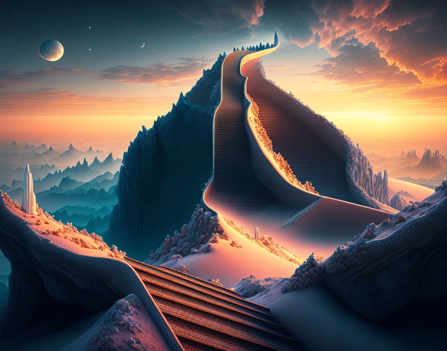 Surreal landscape: winding staircase on ridge, misty valley, sunset, planets in twilight sky