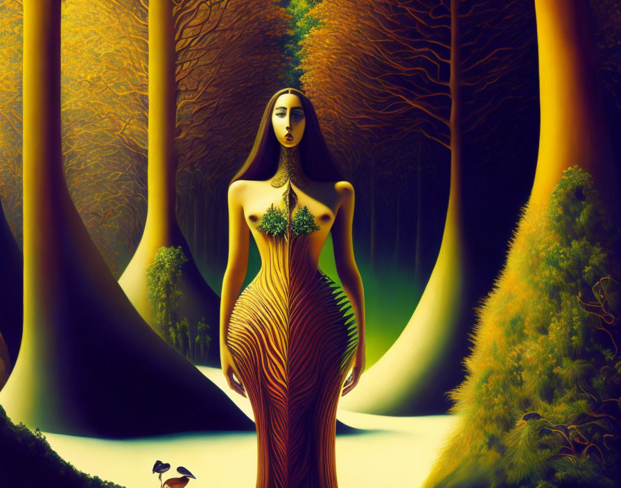 Surreal autumn forest artwork featuring woman with long hair