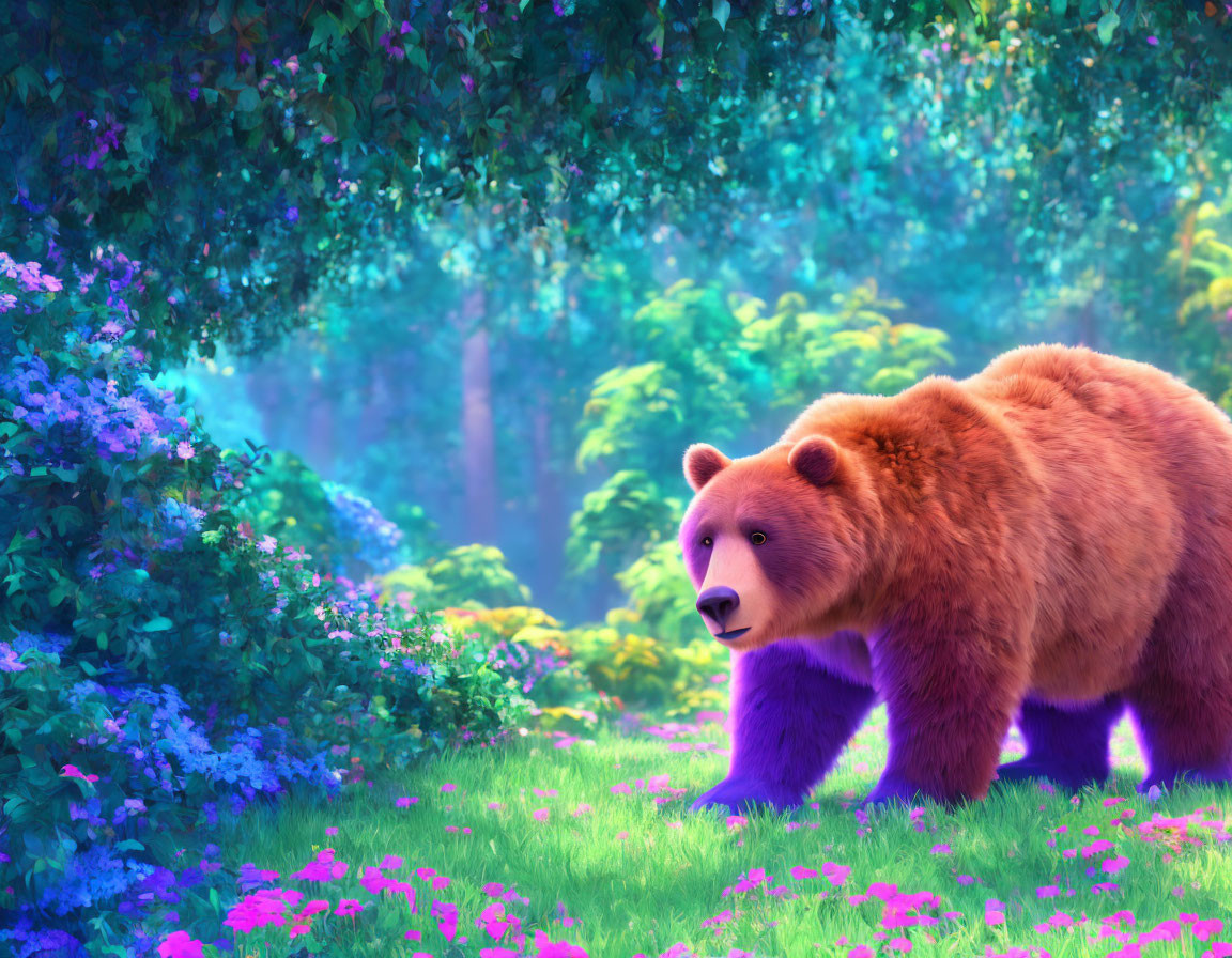 Colorful Bear in Enchanting Forest with Purple Flowers