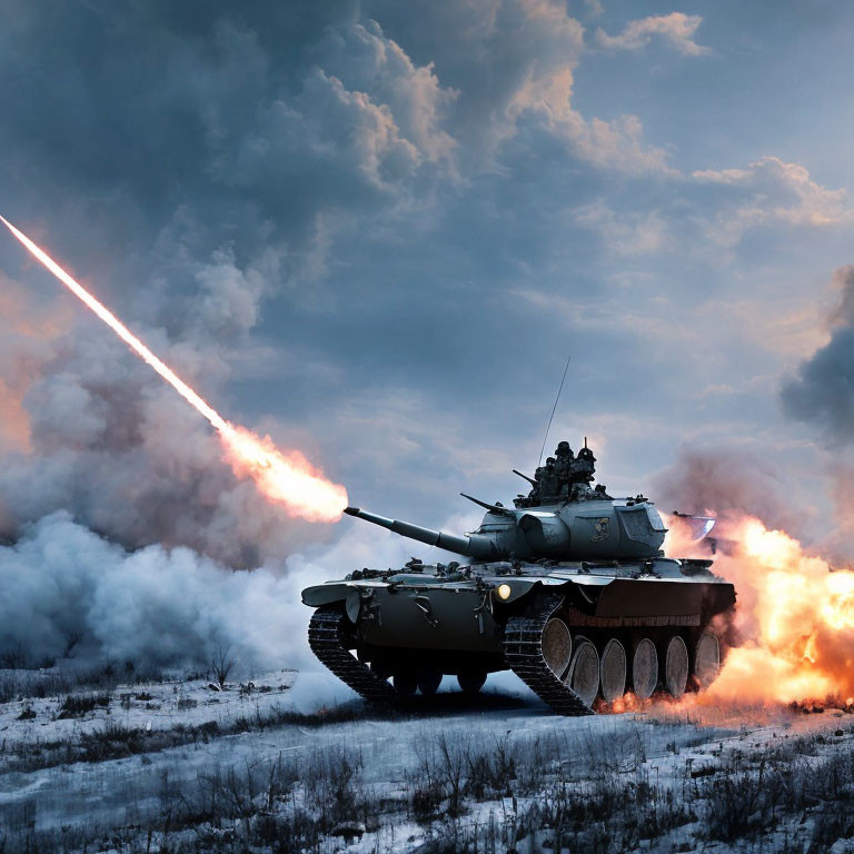 Tank firing round in snowy landscape under dramatic sky