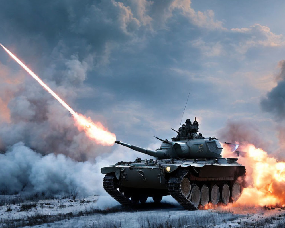 Tank firing round in snowy landscape under dramatic sky