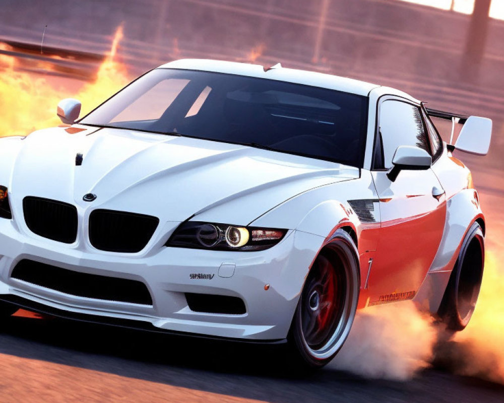 Luxury white BMW drifting on track with smoke at sunset