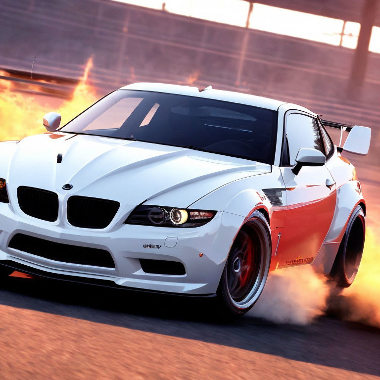 Luxury white BMW drifting on track with smoke at sunset