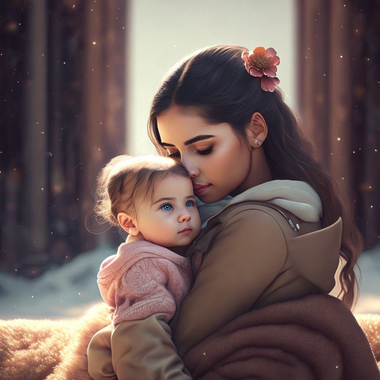 Mother embracing child in snowy woods wearing warm coats