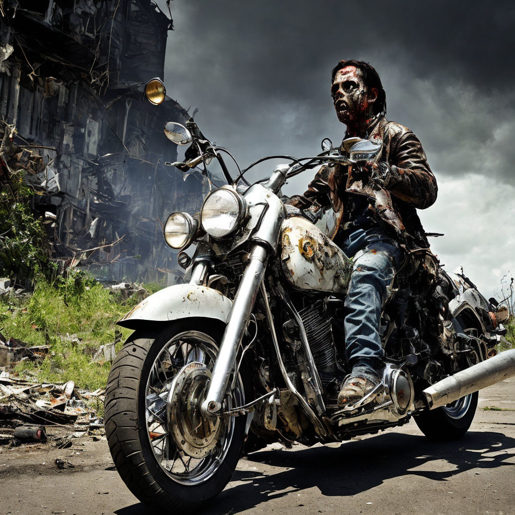 Zombie rider on classic motorcycle near dilapidated building