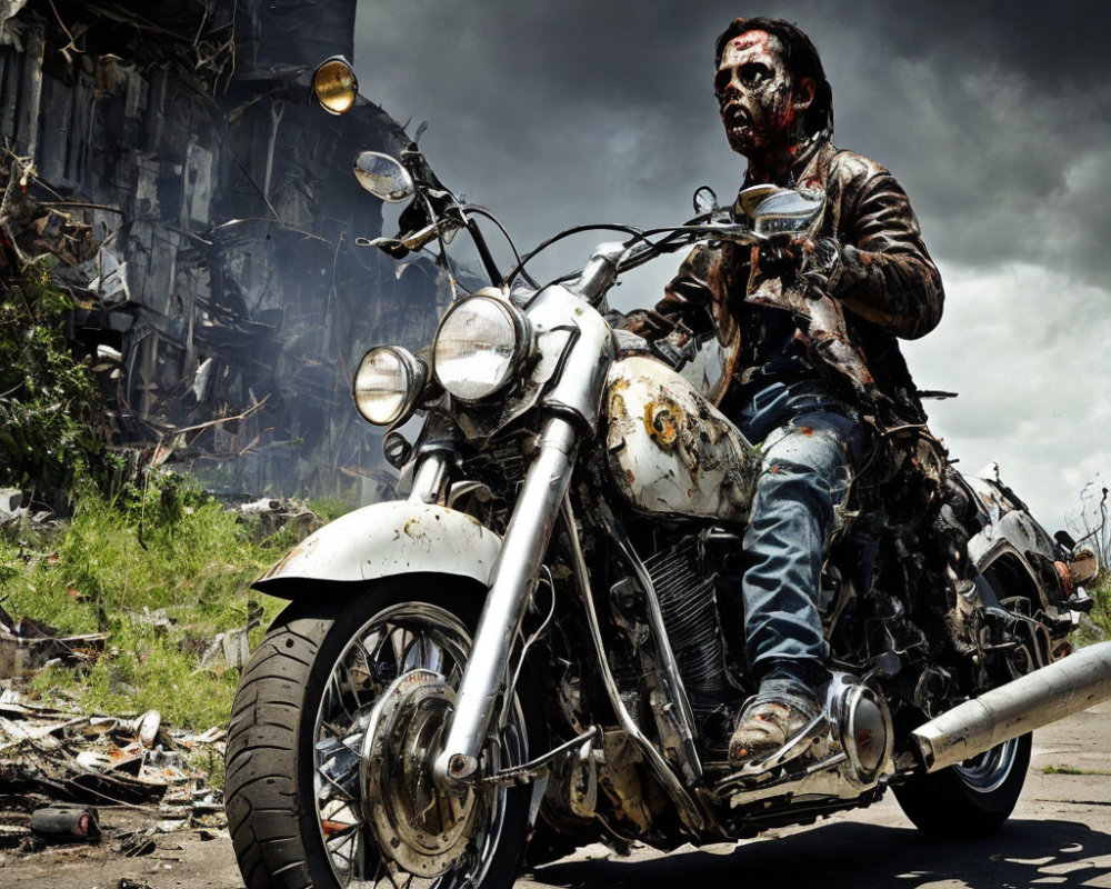 Zombie rider on classic motorcycle near dilapidated building