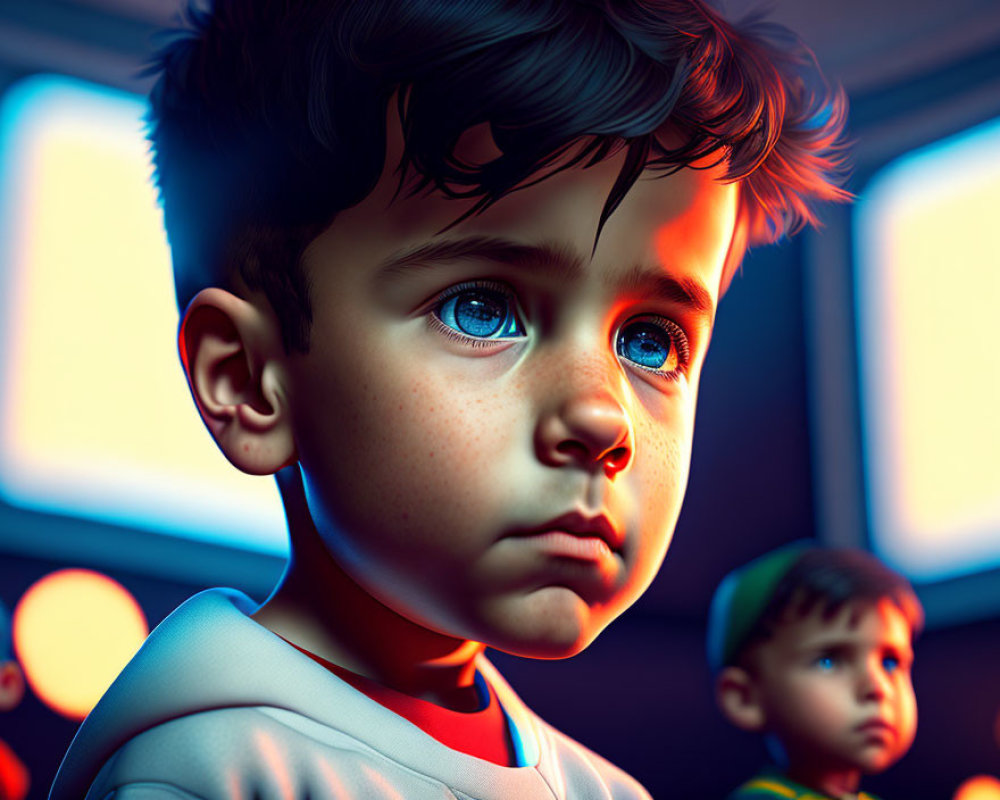 Vibrant digital artwork of young boy with blue eyes and curly hair