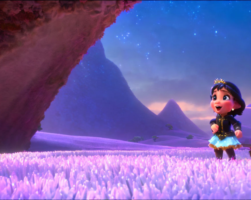 Animated girl with crown in purple flower field gazes at starry sky near mountain