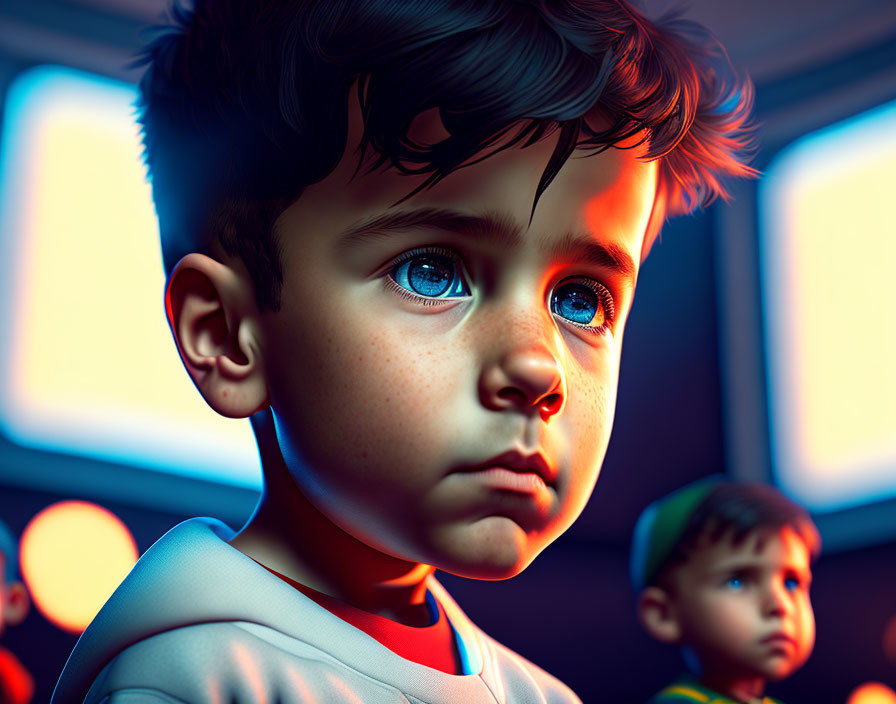 Vibrant digital artwork of young boy with blue eyes and curly hair