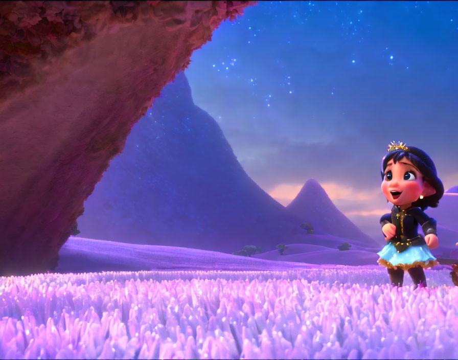 Animated girl with crown in purple flower field gazes at starry sky near mountain