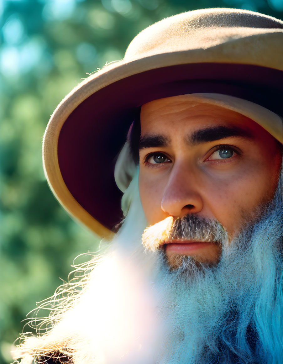 Bearded man in broad-brimmed hat gazing into distance