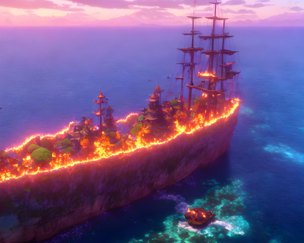 Floating island resembling a ship with glowing edges above bioluminescent ocean at sunset