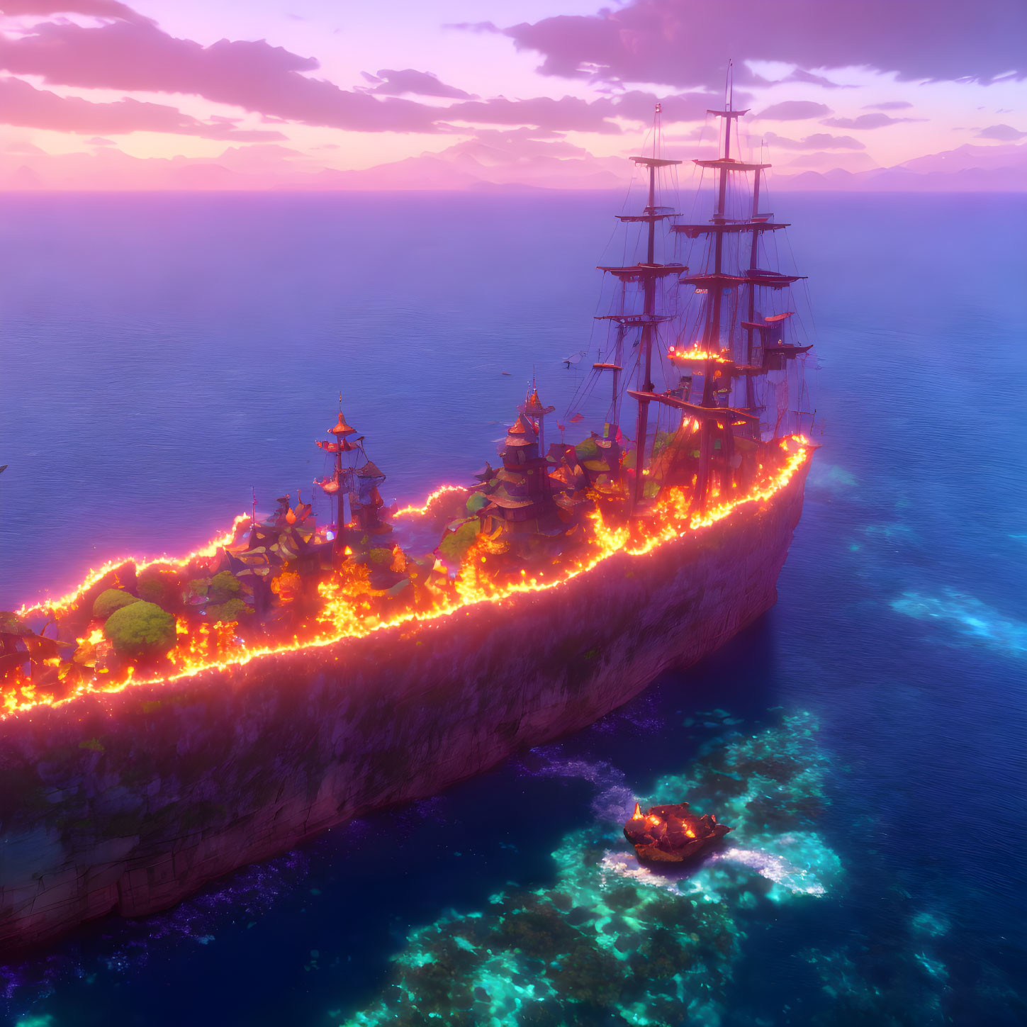 Floating island resembling a ship with glowing edges above bioluminescent ocean at sunset