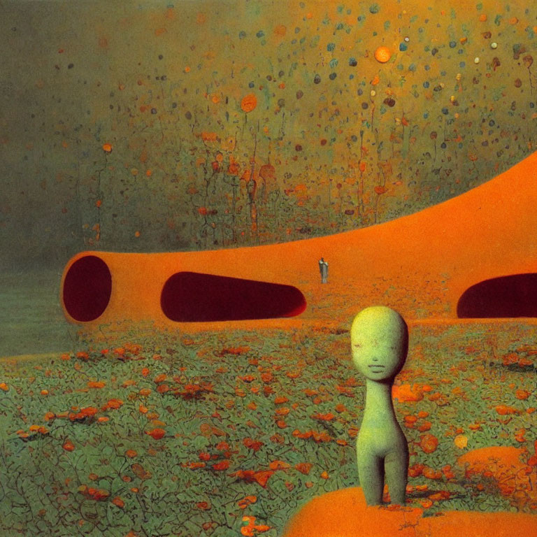 Abstract surreal landscape with orange hues and cosmic elements featuring humanoid figure and hollow structures