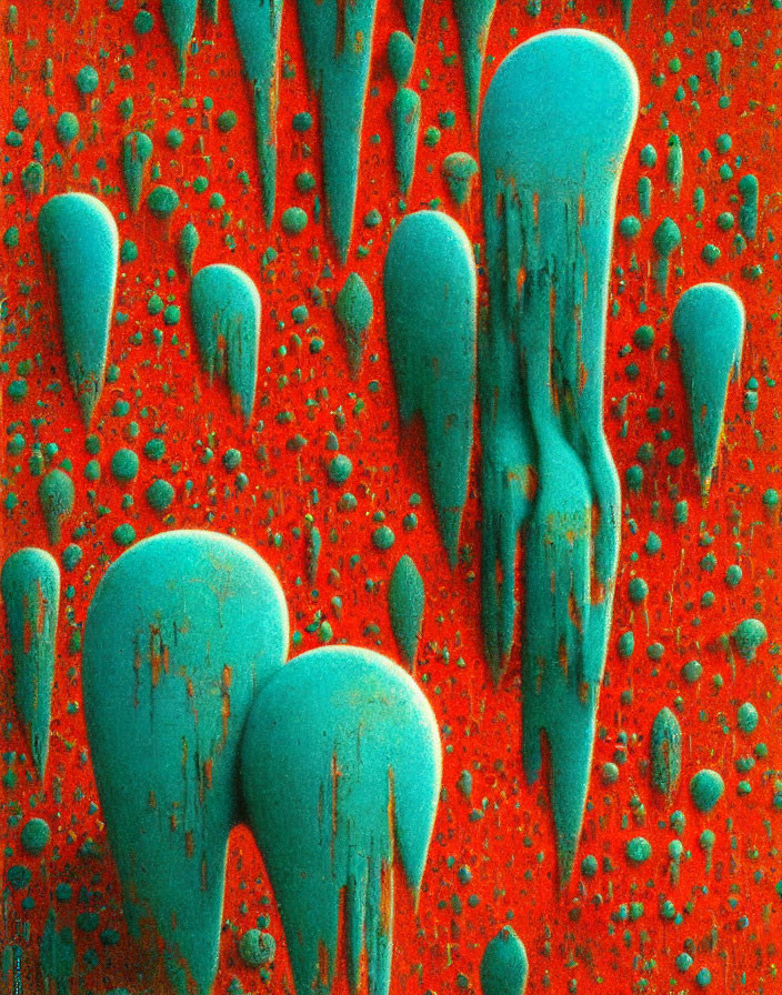 Teal Droplets on Red Background in 3D Anaglyph Art