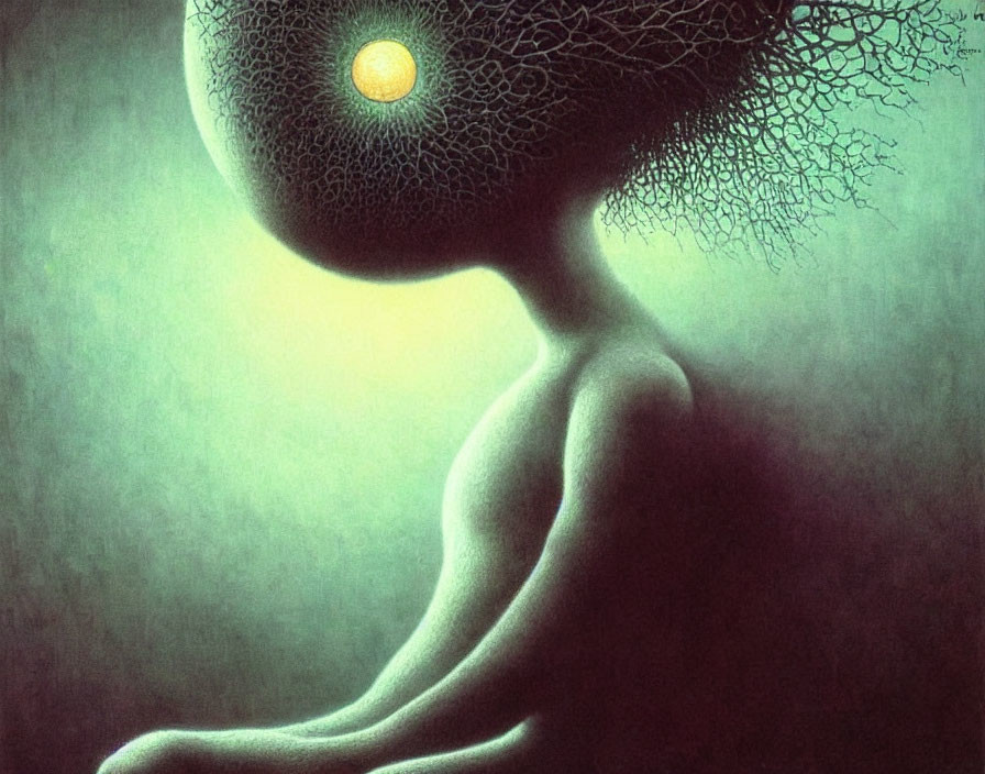 Surreal painting: figure with tree branches hair, glowing orb, muted green background