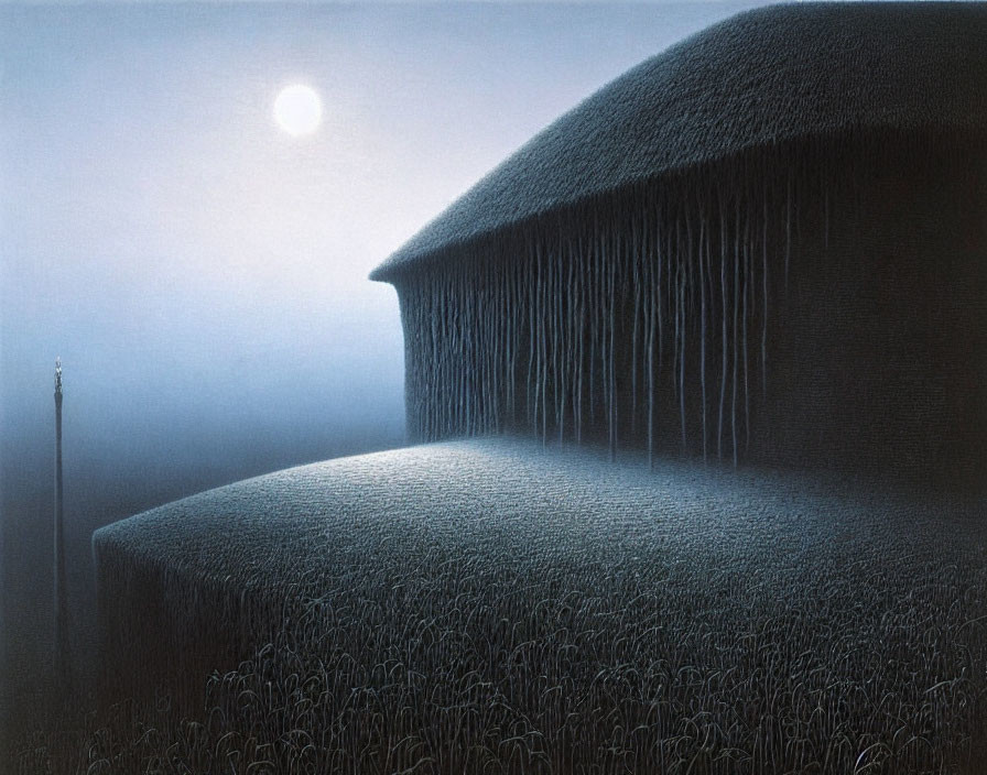 Thatched-Roof Cottage Under Full Moon with Icicles in Misty Landscape