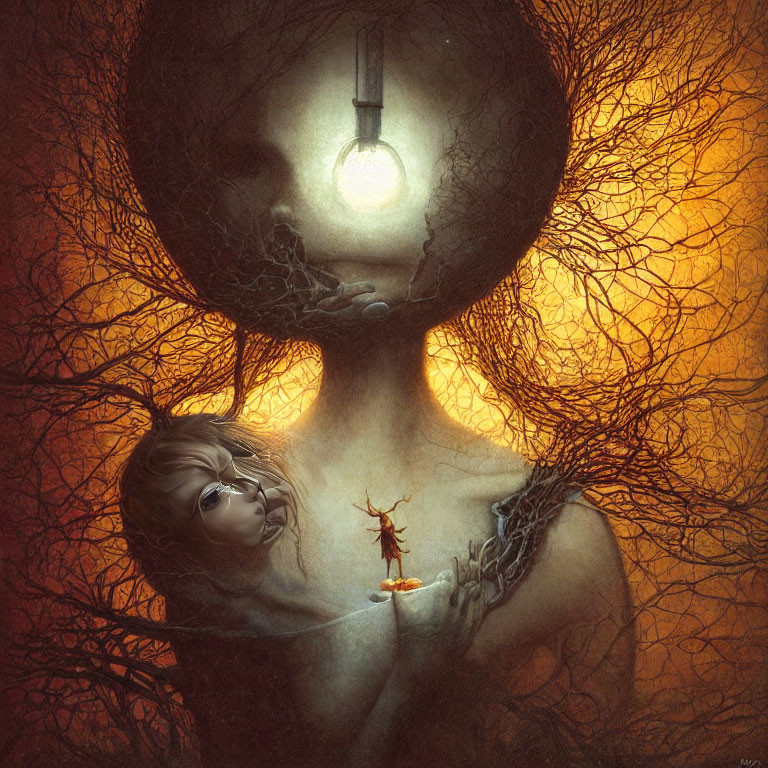 Surreal artwork of person with lightbulb head holding smaller figure in tree branches