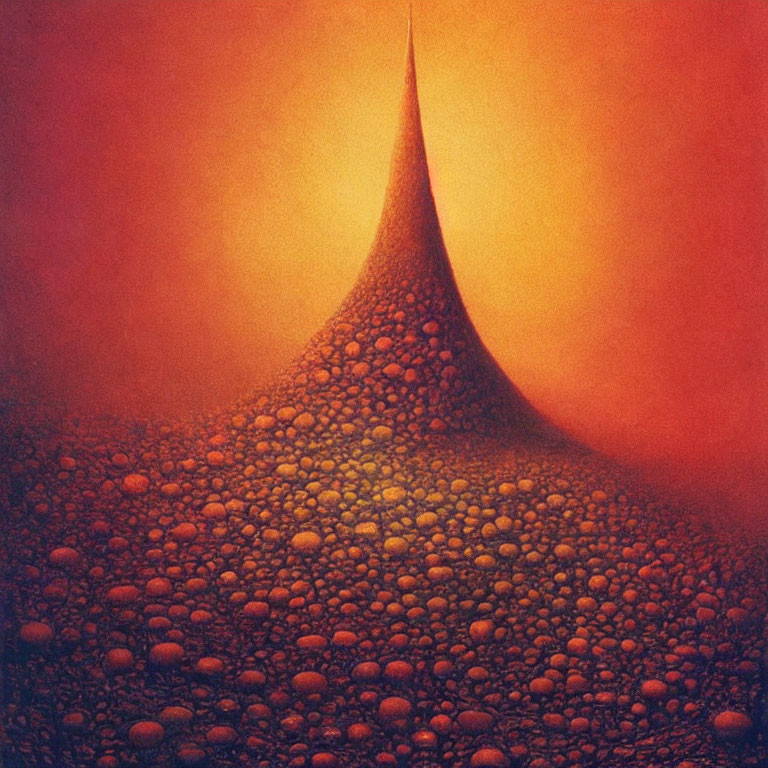 Abstract art: Cone structure surrounded by multicolored spheres on reddish-orange gradient.