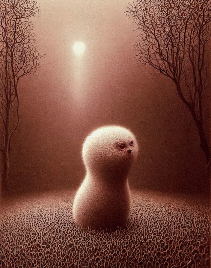 Fluffy creature gazes at moonlit sky with bare trees