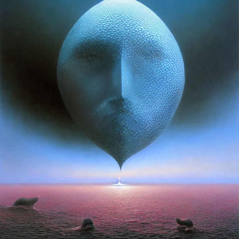 Surreal artwork: Giant balloon-like face over reflective water at dusk