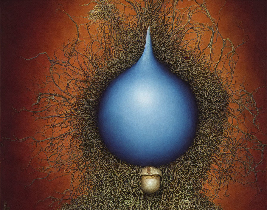 Surreal painting: large blue teardrop with intricate brown branches on warm orange backdrop